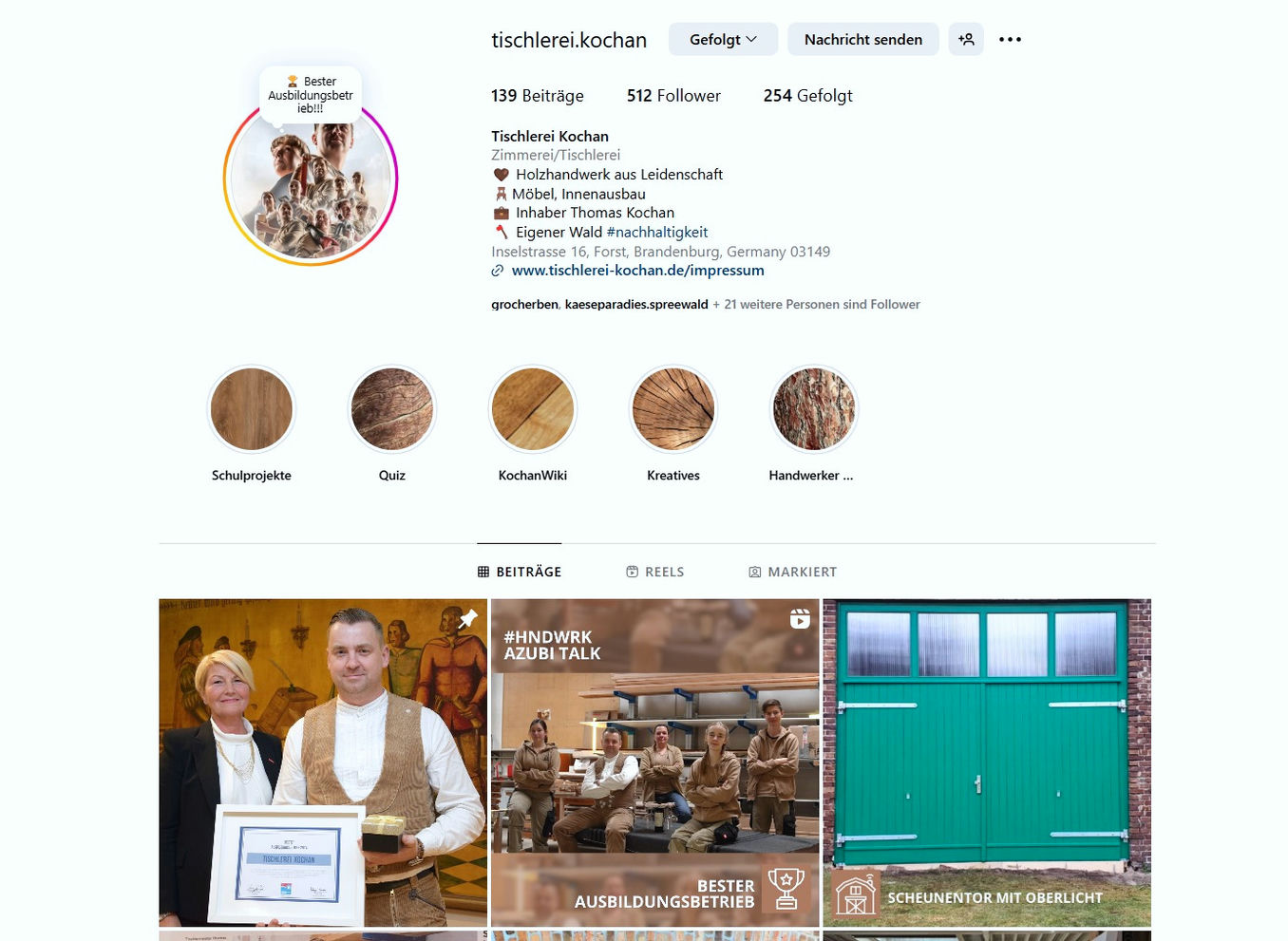 Screenshot des Instagramprofiles von Tischlerei Kochan mit Link zum  Instagram-Profil